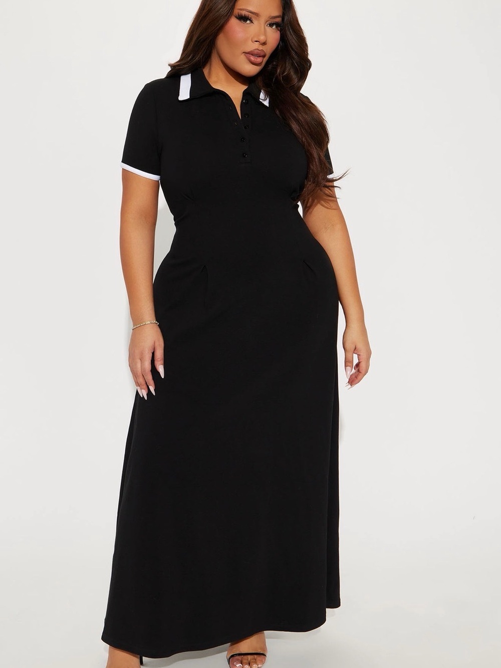Fashion Nova Black Maxi Polo Dress with White Trim